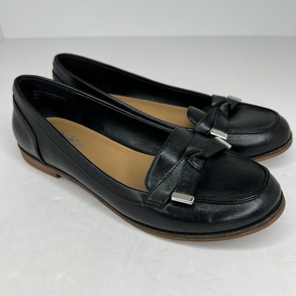 Coach And Four Womens Black Faux Leather Slip On Bow Metal Tips Size 6.5 Flats - Picture 2 of 10